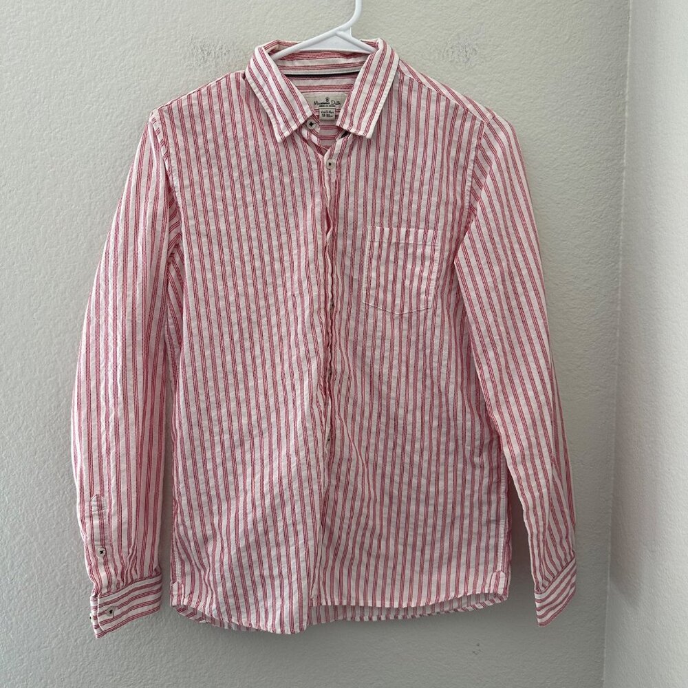 Massimo Dutti Boys Cotton Button Up Shirt Red Stripes Breathable 13/14